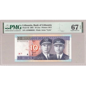 Lithuania 10 Litu 2001 Banknote. Bank of Lithuania Pick# 65 2001 10 Litu - Printer: OFZ S/N AD0000036 - Wmk: Arms ...