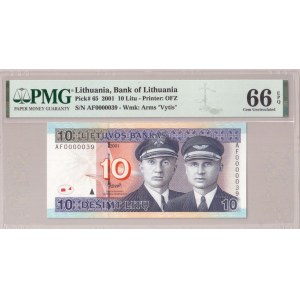 Lithuania 10 Litu 2001 Banknote. Bank of Lithuania Pick# 65 2001 10 Litu - Printer: OFZ S/N AD0000039 - Wmk: Arms ...