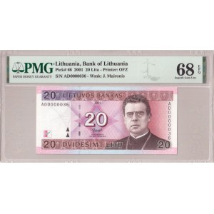 Lithuania 20 Litu 2001 Banknote. Bank of Lithuania Pick# 66 2001 20 Litu - Printer: OFZ S/N AD0000036 - Wmk: J...