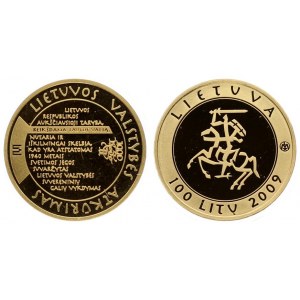 Lithuania 100 Litų 2009 LMK 1000th Anniversary of Name Lithuania. Averse: Linear knight. Reverse: Timeline. Gold. KM166...