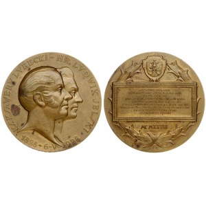 Poland Medal 100th anniversary of Bank Polski 1928 Warsaw. Averse: Two heads to the right; signature J. Aumiller; KS...