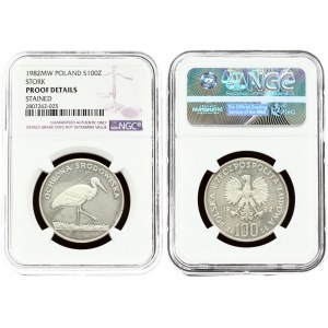 Poland 100 Zlotych 1982MW Averse: Imperial eagle above value. Reverse: White Stork walking right. Silver. Y 141...