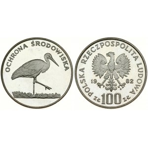 Poland 100 Zlotych 1982MW Stork. Averse: Imperial eagle above value. Reverse: White Stork walking right. Silver...
