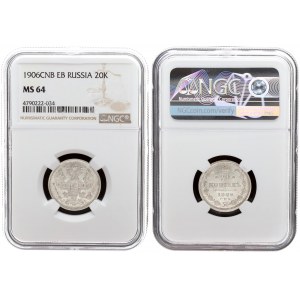 Russia 20 Kopecks 1906 СПБ ЭБ St. Petersburg. Nicholas II (1894-1917). Averse: Eagle redesigned ribbons on crown...
