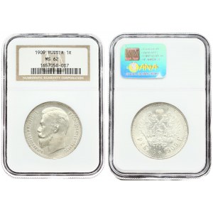 Russia 1 Rouble 1909 (ЭБ) St. Petersburg. Nicholas II (1894-1917). Averse: Head left. Reverse: Crowned double...