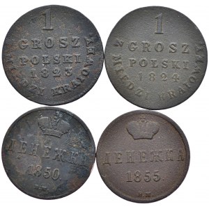 Zestaw 4 sztuk - grosz z miedzi krajowej 1823 i 1824,, dienieżka 1850 BM i 1855 BM, Warszawa