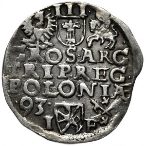 Zygmunt III Waza, trojak 1593, Poznań, szeroka twarz króla, data z lewej, korona bez centralnego elementu.