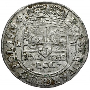 Jan Kazimierz, tymf 1664, Bydgoszcz, fantazyjna data 16664, podwójny krzyzyk, jak herb Pilawa, kończy legendę na awersie