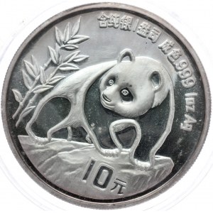 Chiny, 10 yuanów 1990 panda, 1 oz Ag 999, w kapslu i oryginalnej zgrzewce