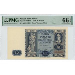 20 złotych 1936 - Rzadka pierwsza seria AA - PMG 66 EPQ - 2-ga max nota