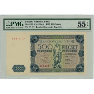 500 złotych 1947 - RZADKA seria D3 - PMG 55 EPQ