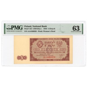 5 złotych 1948 - seria AA - PMG 63