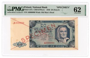 20 złotych 1948 - seria A 0000000 - SPECIMEN - PMG 62 - RZADKOŚĆ