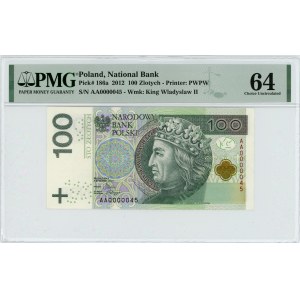 100 złotych 2012 - seria AA - BARDZO NISKI NUMER 0000045 - PMG 64