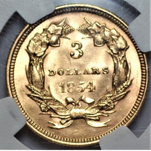 USA - 3 dolary 1854 - NGC UNC Details