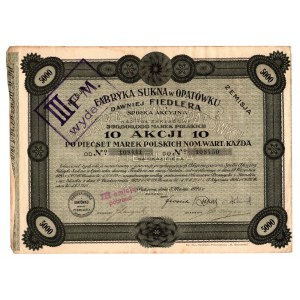 Fabryka Sukna w Opatówku dawniej FIEDLERA - Em. II - 10 x 5000 marek polskich 1923