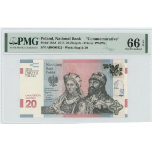 20 złotych 2015 - 1050 rocznica chrztu Polski - PMG 66 EPQ