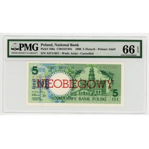5 złotych 1990 - seria A - NIEOBIEGOWY - PMG 66 EPQ