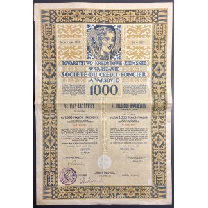 Towarzystwo Kredytowe Ziemskie, 6% list zastawny na 1000 franków francuskich, 1929, Warszawa
