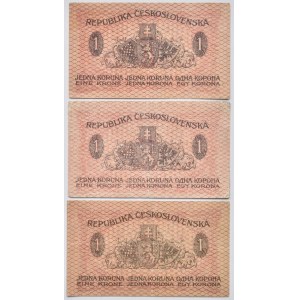 Československo - státovky I. Emise, 1 Kč 1919, série 161, 163, 271, B.7, He.7a, 3ks, vše neperf.