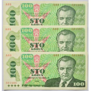 Československo - bankovky 1970 - 1989, 100 Kč 1989, série A03 po sobě jdoucí č.501486,7,8, B.106, He.119a, 3ks