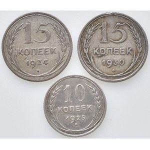 Rusko, Mikuláš II. 1894-1917, 15 kopějka 1924, 1930, 10 kop. 1925, vše Ag, 3 ks