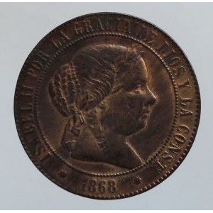 Španělsko, Izabella II. 1833-1868, Cu 5 Centimos de Escudo 1868 OM