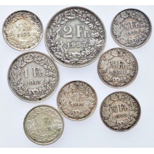 Švýcarsko, republika, 2 frank 1957, 1 fr.1945, 1/2 fr. 1920, 1932, 1934, 1948, 1952, 1962 vše B, 8 ks