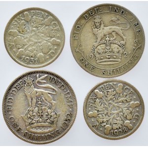 Velká Británie, George V. 1910-1936, 1 shiling 1921, 1932, Ag500, 5.6552g, 6 pence 1928, 1931