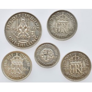 Velká Británie, George VI. 1936-1952, 1 shiling 1946, Ag500, 5.6552g, 6 pence 1939, 1944, 1946, Ag500, 2.8276g, 3 pence 1938