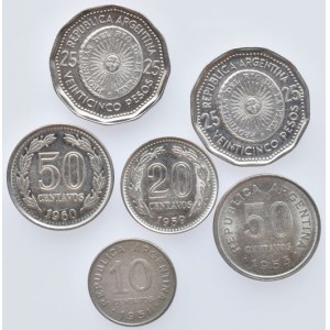 Argentina, republika, 25 pesos 1964, 1965, 50 centavos 1953, 1960, 20 centavos 1959, 10 centavos 1951