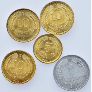 Chile, republika, 1818 - 10 centesimos 1961, 65, 64, KM# 191, 5 centesimos 1964, KM# 190, 1 centesimo 1961, KM# 189, 5 ks