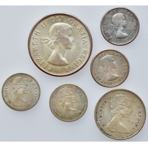 Kanada, Elizabeth II. 1952 - 50 cents 1964, KM# 56, Ag800, 11.6638g, 25 cents 1967, KM# 68, Ag800, 5.8319g, 10 cents 1960, 1963, 1966, 1967, Ag800