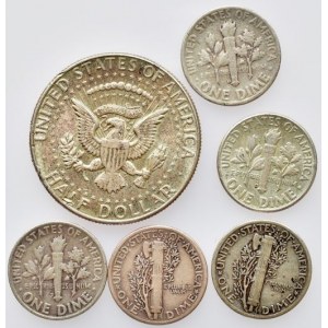 USA, 1/2 dolar 1964, Ag900, 12.5g, 1 dime 1942, 1944, 1951, 1953, 1961