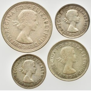 Austrálie, Elizabeth II. 1952 - 1 schiling 1961, KM# 59, Ag500, 5.7g, 6 pence 1963, Ag500, 2.82g, 3 pence 1955, 1961, Ag500, 1.41g