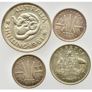 Austrálie, Elizabeth II. 1952 - 1 schiling 1961, KM# 59, Ag500, 5.7g, 6 pence 1963, Ag500, 2.82g, 3 pence 1955, 1961, Ag500, 1.41g