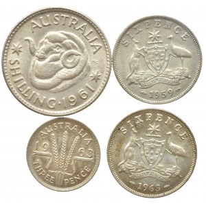 Austrálie, Elizabeth II. 1952 - 1 šiling 1961, KM# 59, Ag500, 5.7g, 6 pence1959, 1963, KM# 58, Ag500, 2.82g, 3 pence 1963, KM# 51, Ag500, 1.41g