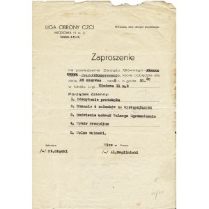 LIGA Obrony Czci. Zaproszenie na posiedzenie Zarządu Głównego […] Warszawa: 26 czerwca 1935. - [2] s., 24...