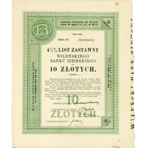 WILEŃSKI Bank Ziemski. 4 1/2 % List zastawny na 10 złotych. Wypuszczony na podstawie art.. Art....