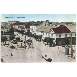 BIAŁYSTOK - Markt-platz. [b. m. i wyd., Feldpost 1917]. - kol., 8,8 × 13,6 cm, zapisana, ślady po naklejeniu...