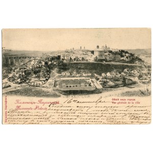 KAMIENIEC Podolski. Magazin Vargaftiga, obieg, 1 znaczek, 4 stemple, 1901. - w sepii, 9 × 14 cm, widok miasta...