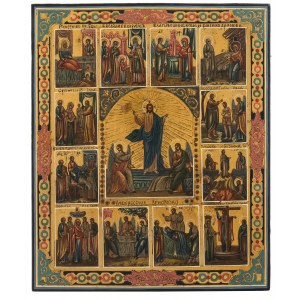 Ikona - Zmartwychwstanie Chrystusa i 12 Świąt Cerkiewnych (Prazdnik), Rosja, II poł XIX w.