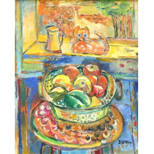 Judyta SOBEL (1924-2012), Kosz z owocami i kot na parapecie