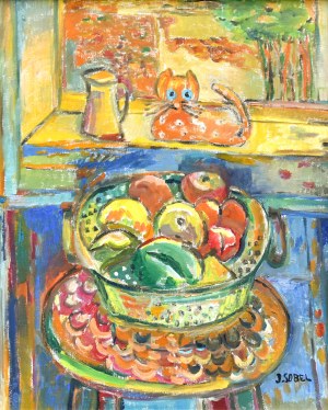 Judyta SOBEL (1924-2012), Kosz z owocami i kot na parapecie