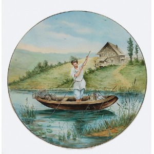Towarzystwo M.S. Kuzniecowa, Talerz dekoracyjny zdobiony pejzażem z rybakiem łowiącym raki