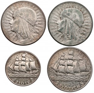 Głowa Kobiety i Żaglowiec, 2 i 5 złotych 1934-1936 (4szt)