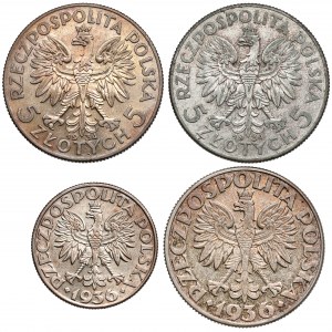 Głowa Kobiety i Żaglowiec, 2 i 5 złotych 1934-1936 (4szt)
