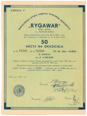 RYGAWAR Warszawsko-Ryska Fabryka Wyrobów Gumowych, Em.5, 50x 100 zł 1937