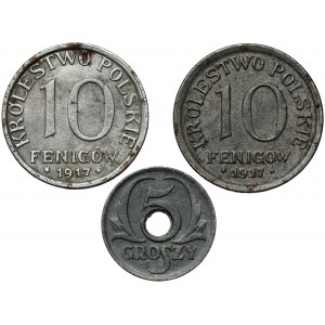 Królestwo Polskie, 10 fenigów 1917 (w tym NBO) i 5 groszy 1939, zestaw (3szt)