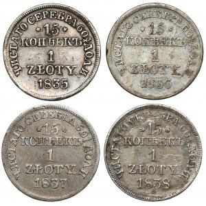 15 kopiejek = 1 złoty 1835-1838 MW, Warszawa, zestaw (4szt)